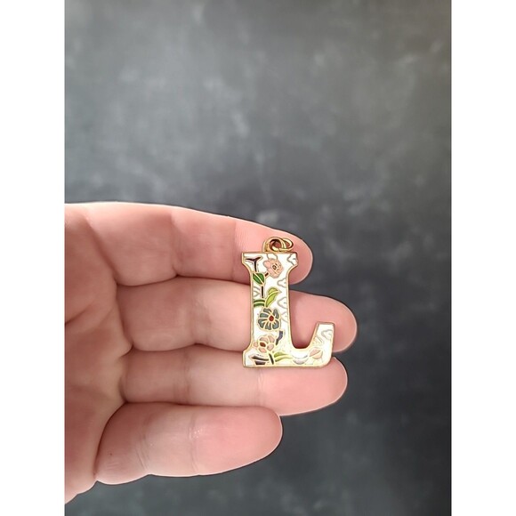 Cloisonne Floral Letter L Shaped Pendant Vintage - Picture 2 of 10